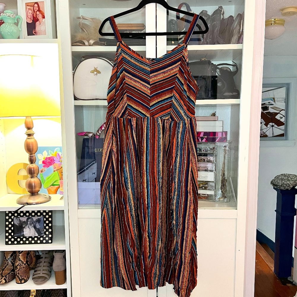 Striped Boho Midi-Length Dress with Slits Size 12